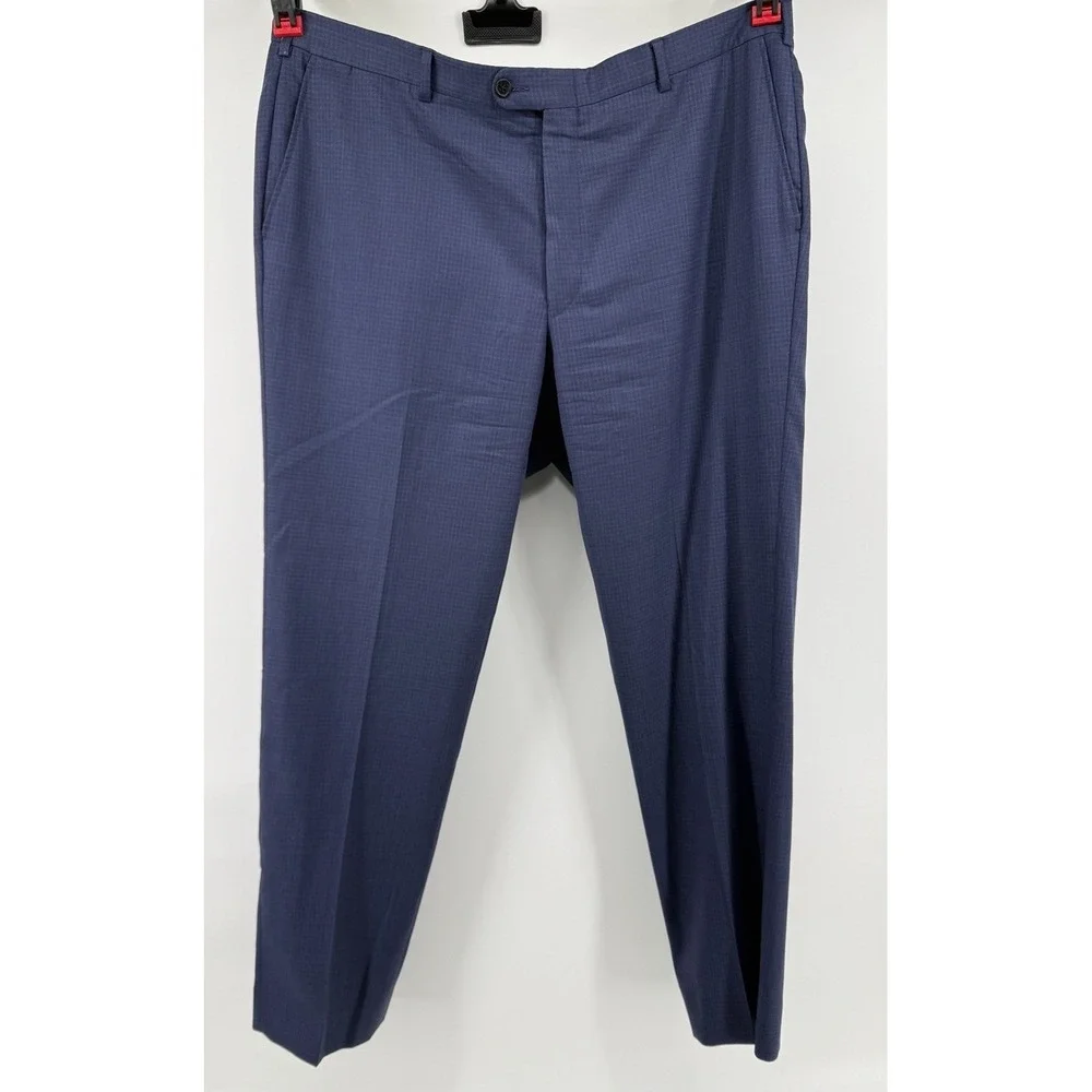 Hickey Freeman Men‎ 40x32 Navy Blue Gingham Check Wool Slacks Trousers